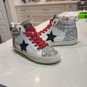 Glitter High-Top Vintage Havana Sneakers with Navy Star and Red Laces